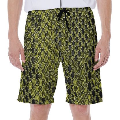 Lime Green And Black Snakeskin Print Men's Beach Shorts