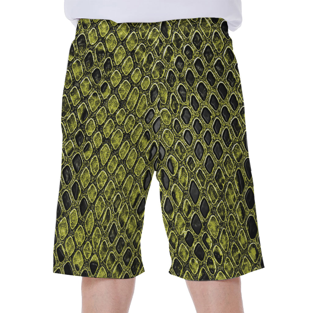 Lime Green And Black Snakeskin Print Men's Beach Shorts