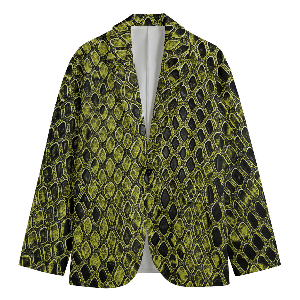 Lime Green And Black Snakeskin Print Men's Cotton Blazer