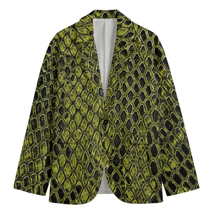 Lime Green And Black Snakeskin Print Men's Cotton Blazer