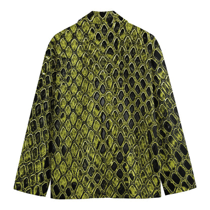 Lime Green And Black Snakeskin Print Men's Cotton Blazer