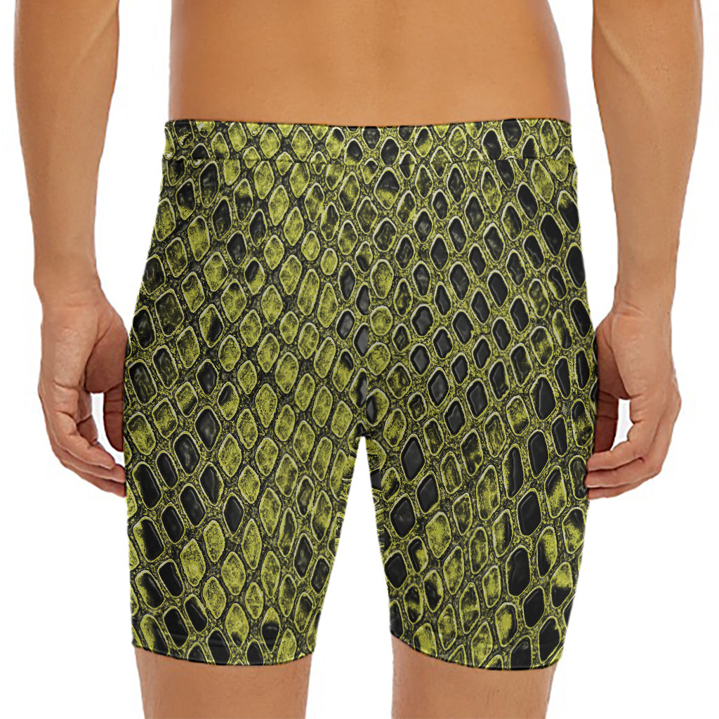 Lime Green And Black Snakeskin Print Men's Long Boxer Briefs