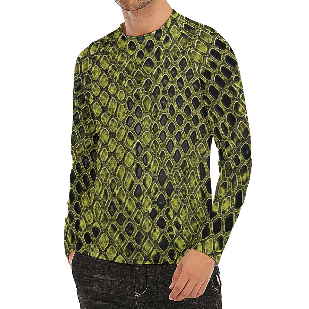 Lime Green And Black Snakeskin Print Men's Long Sleeve Rash Guard
