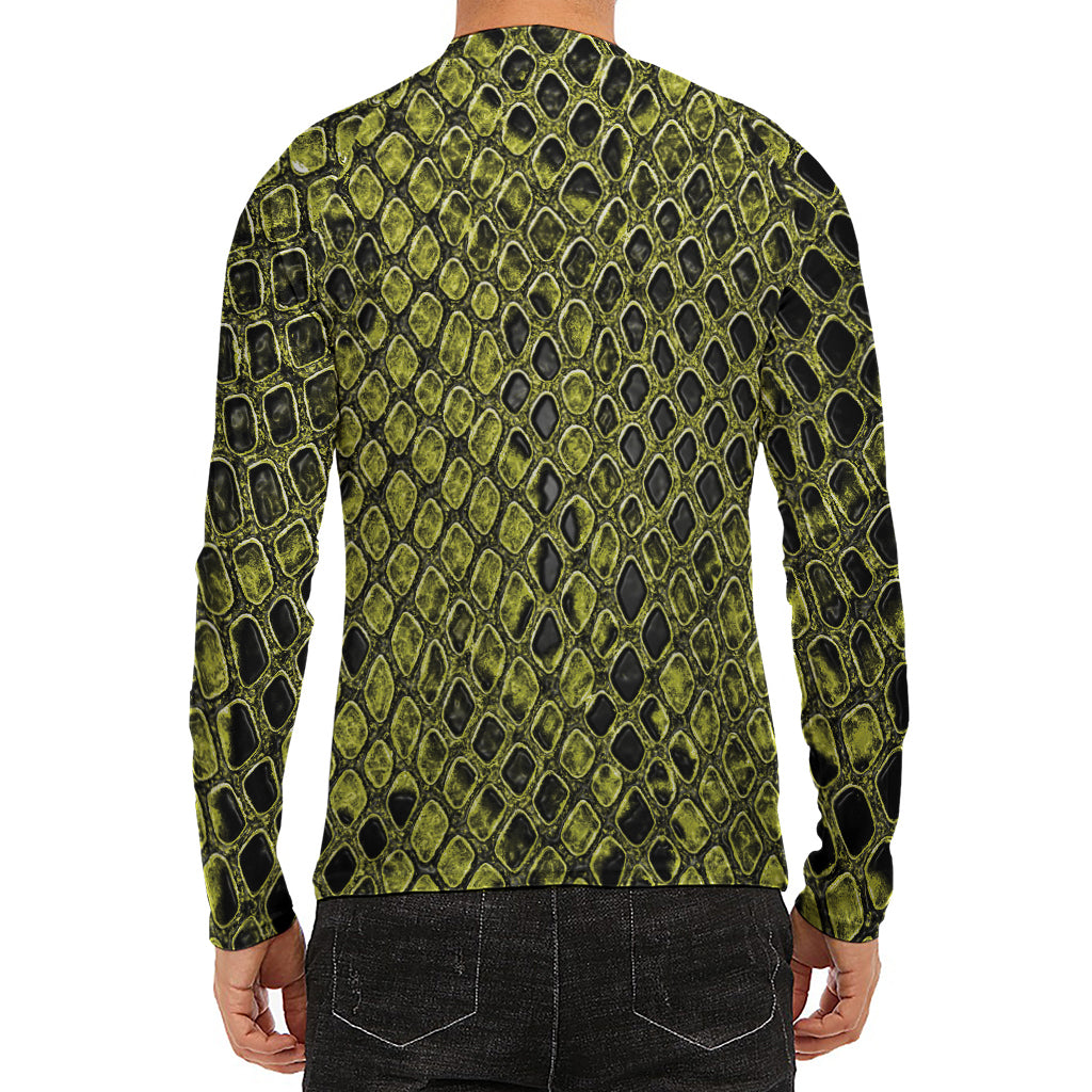 Lime Green And Black Snakeskin Print Men's Long Sleeve Rash Guard
