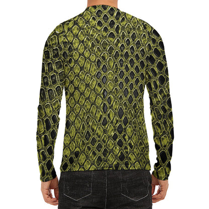 Lime Green And Black Snakeskin Print Men's Long Sleeve Rash Guard