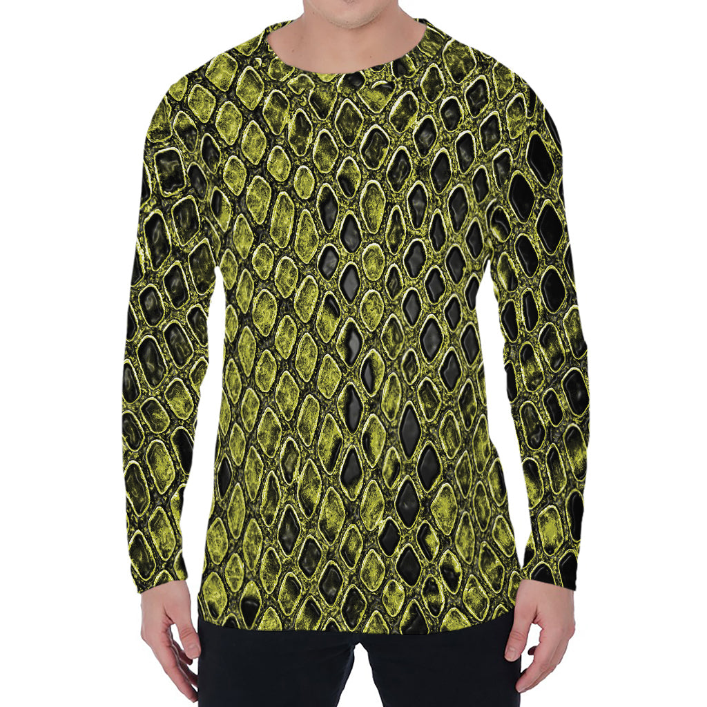 Lime Green And Black Snakeskin Print Men's Long Sleeve T-Shirt