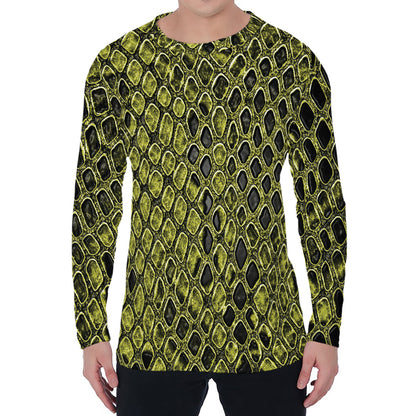 Lime Green And Black Snakeskin Print Men's Long Sleeve T-Shirt