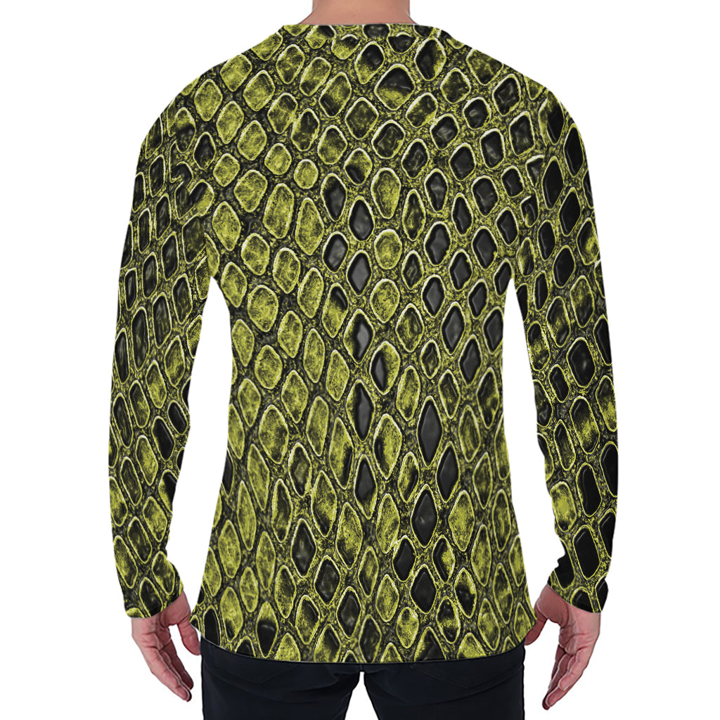 Lime Green And Black Snakeskin Print Men's Long Sleeve T-Shirt