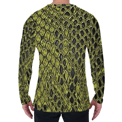 Lime Green And Black Snakeskin Print Men's Long Sleeve T-Shirt