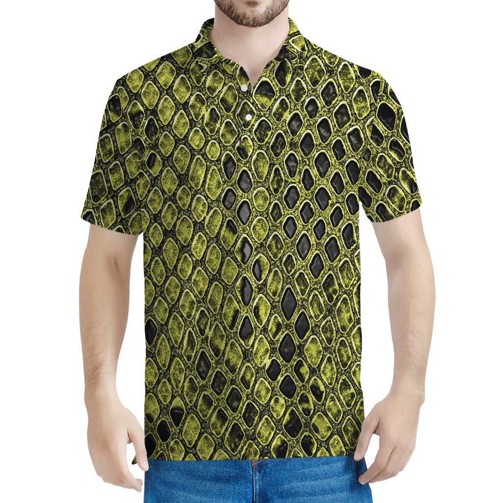 Lime Green And Black Snakeskin Print Men's Polo Shirt