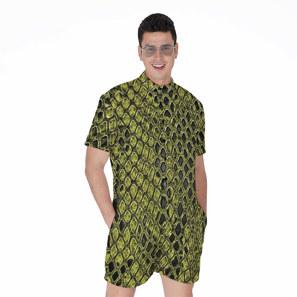 Lime Green And Black Snakeskin Print Men's Rompers