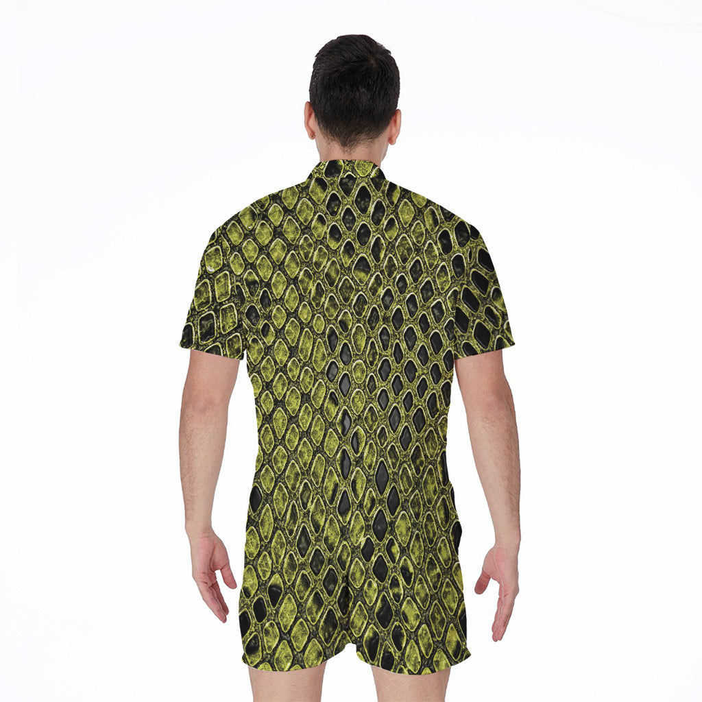 Lime Green And Black Snakeskin Print Men's Rompers