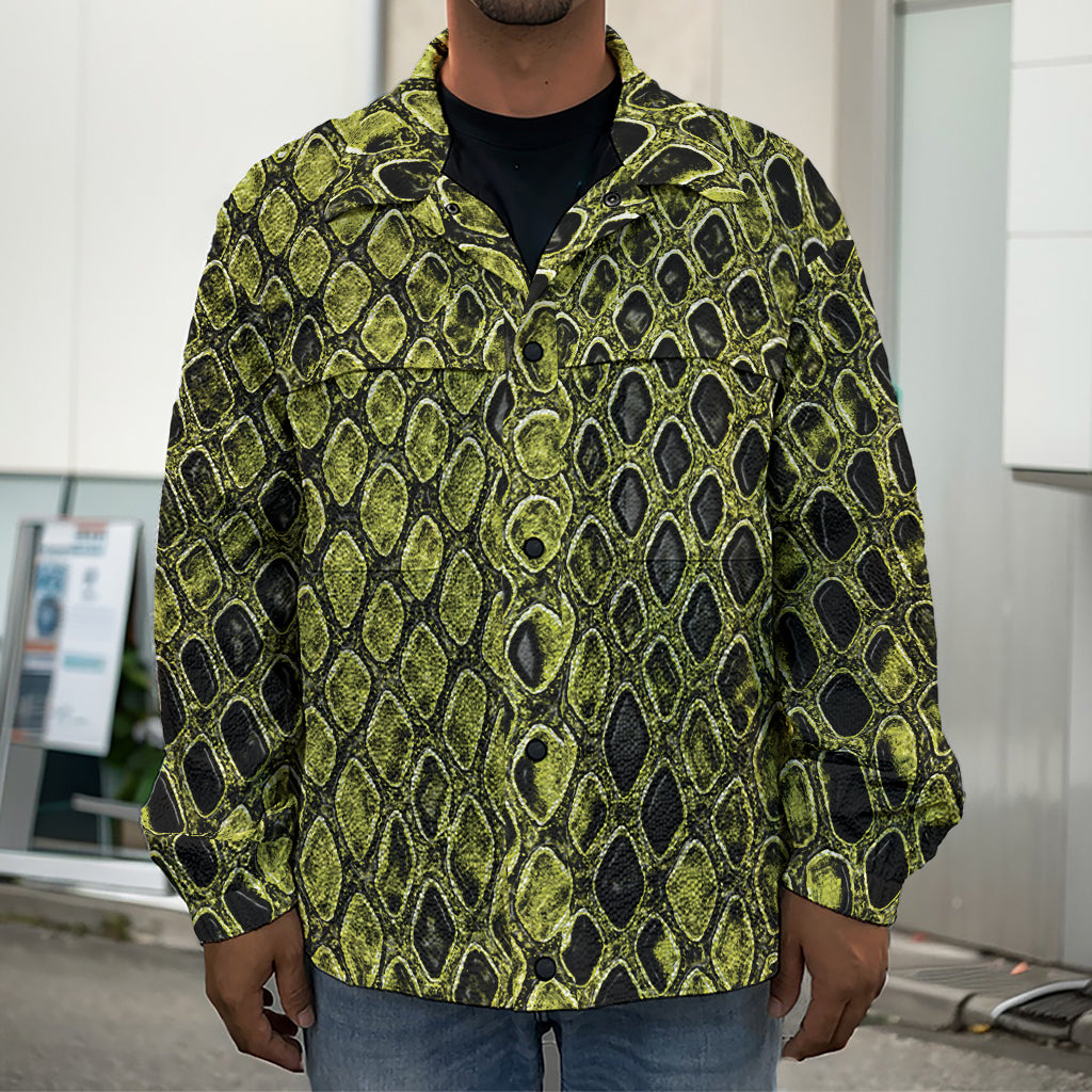 Lime Green And Black Snakeskin Print Men's Shirt Jacket