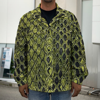Lime Green And Black Snakeskin Print Men's Shirt Jacket