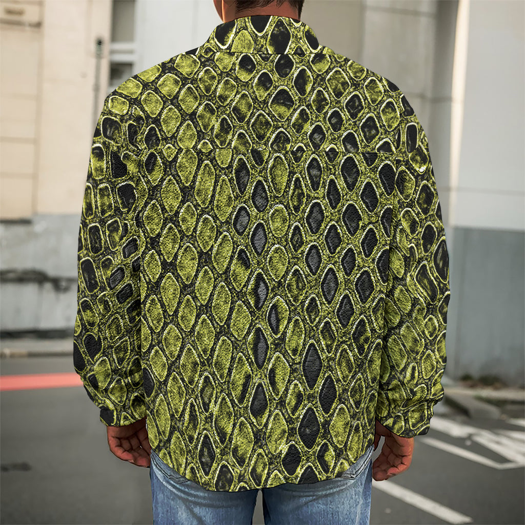 Lime Green And Black Snakeskin Print Men's Shirt Jacket
