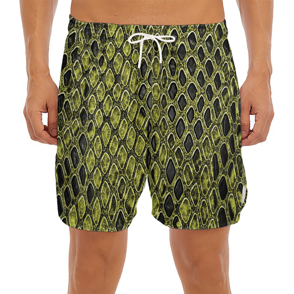 Lime Green And Black Snakeskin Print Men's Split Running Shorts