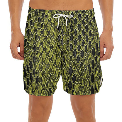 Lime Green And Black Snakeskin Print Men's Split Running Shorts