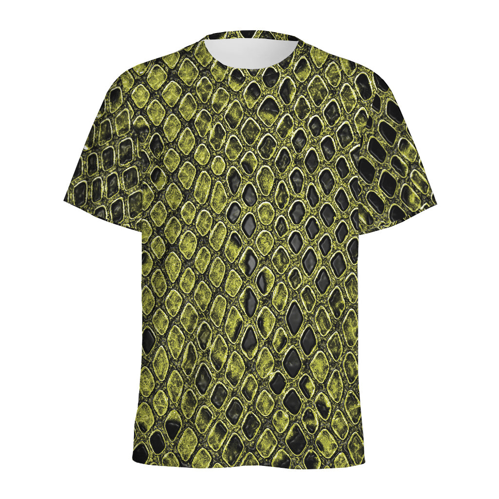 Lime Green And Black Snakeskin Print Men's Sports T-Shirt