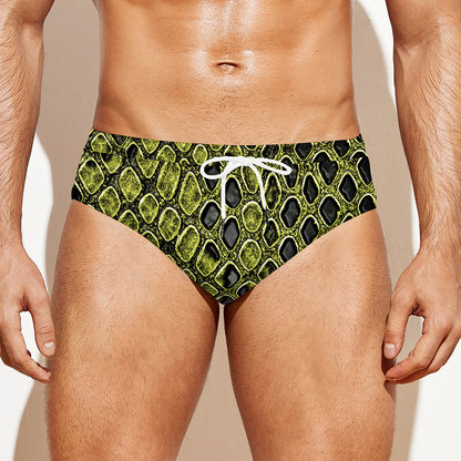 Lime Green And Black Snakeskin Print Men's Swim Briefs