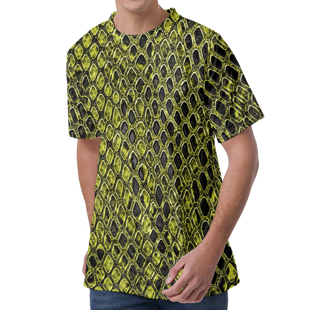 Lime Green And Black Snakeskin Print Men's Velvet T-Shirt