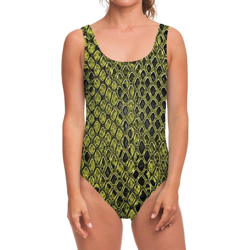 Lime Green And Black Snakeskin Print One Piece Swimsuit