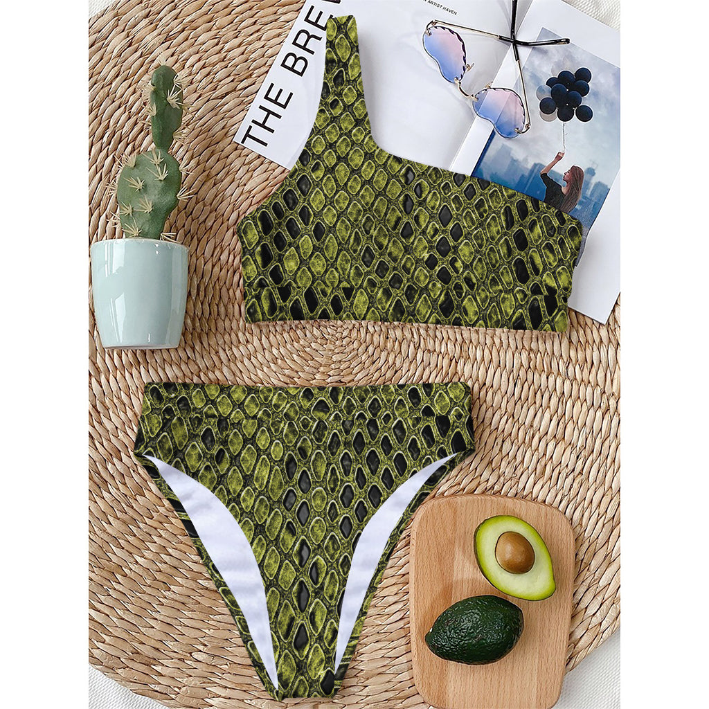 Lime Green And Black Snakeskin Print One Shoulder Bikini Top
