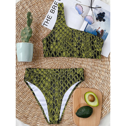 Lime Green And Black Snakeskin Print One Shoulder Bikini Top