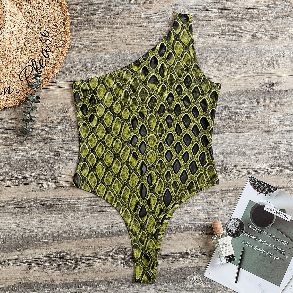 Lime Green And Black Snakeskin Print One Shoulder Bodysuit