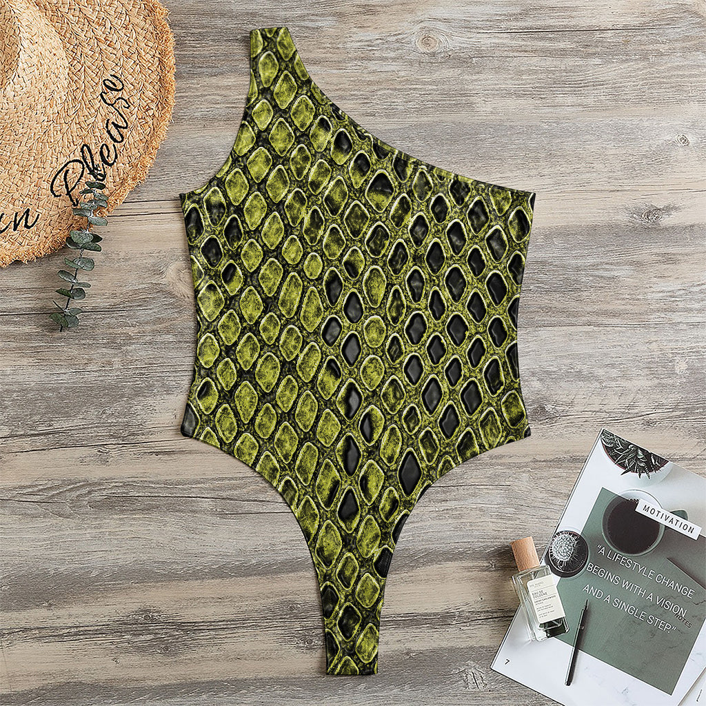 Lime Green And Black Snakeskin Print One Shoulder Bodysuit
