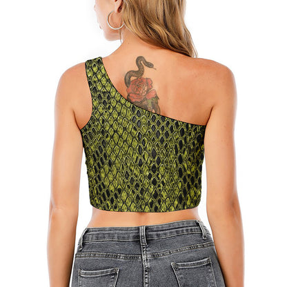 Lime Green And Black Snakeskin Print One Shoulder Crop Top