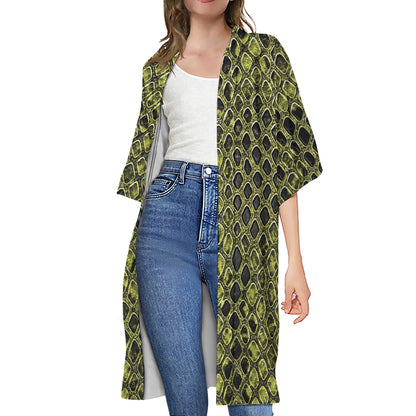 Lime Green And Black Snakeskin Print Open Front Beach Cover Up