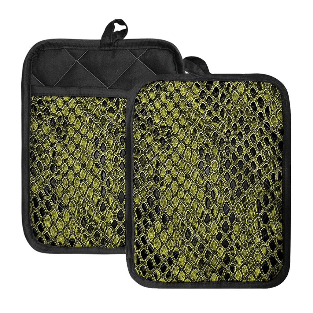 Lime Green And Black Snakeskin Print Pot Holders With Pocket