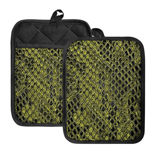Lime Green And Black Snakeskin Print Pot Holders With Pocket