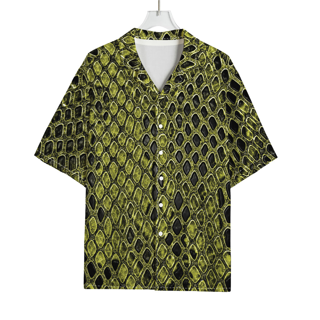 Lime Green And Black Snakeskin Print Rayon Hawaiian Shirt