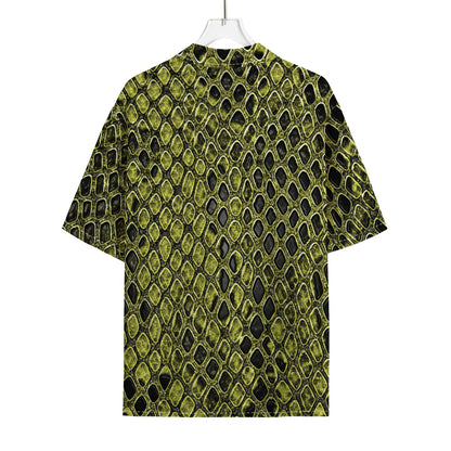 Lime Green And Black Snakeskin Print Rayon Hawaiian Shirt
