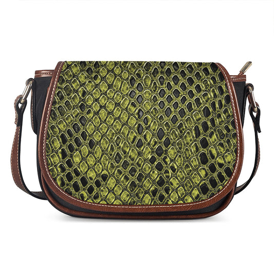 Lime Green And Black Snakeskin Print Saddle Bag
