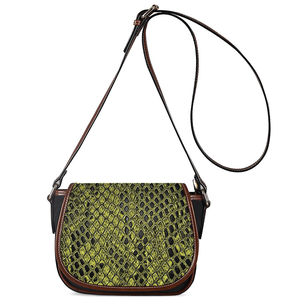 Lime Green And Black Snakeskin Print Saddle Bag