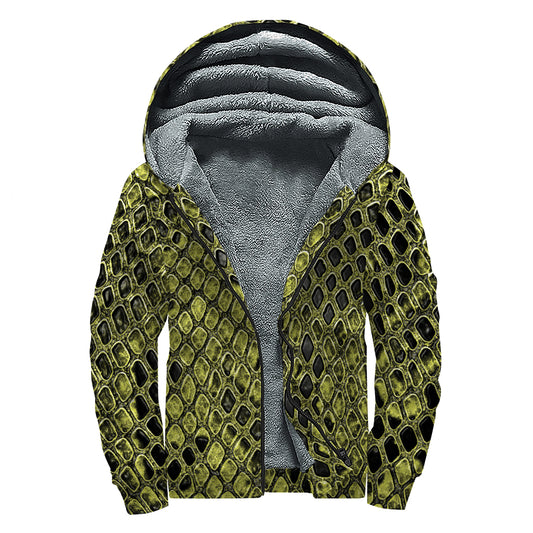 Lime Green And Black Snakeskin Print Sherpa Lined Zip Up Hoodie
