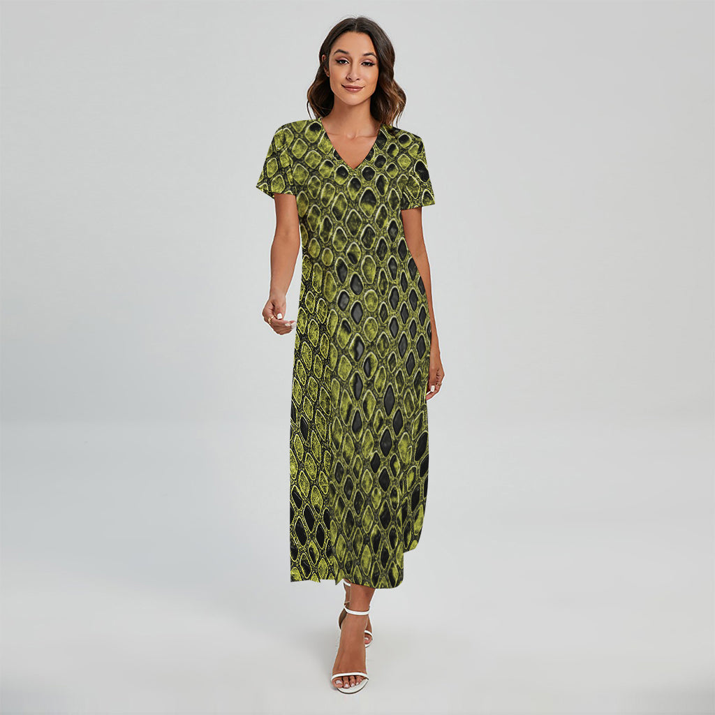 Lime Green And Black Snakeskin Print Short Sleeve Maxi Dress