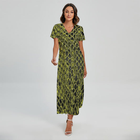 Lime Green And Black Snakeskin Print Short Sleeve Maxi Dress