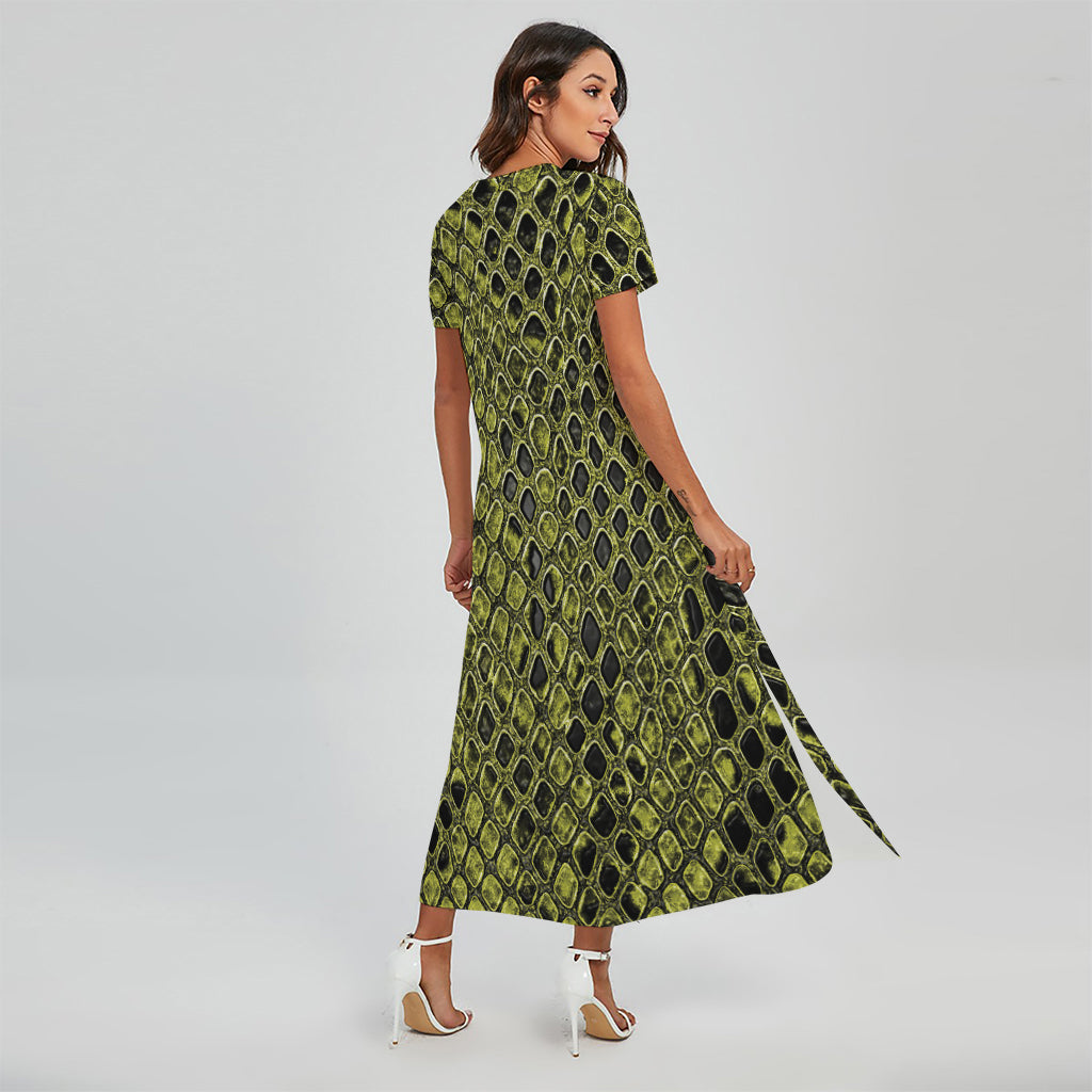 Lime Green And Black Snakeskin Print Short Sleeve Maxi Dress