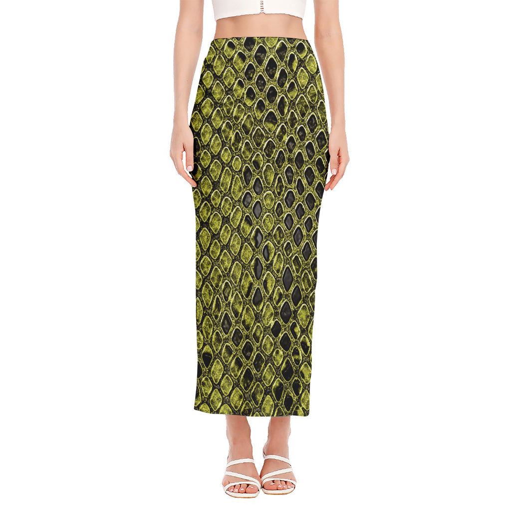 Lime Green And Black Snakeskin Print Side Slit Maxi Skirt