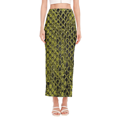 Lime Green And Black Snakeskin Print Side Slit Maxi Skirt