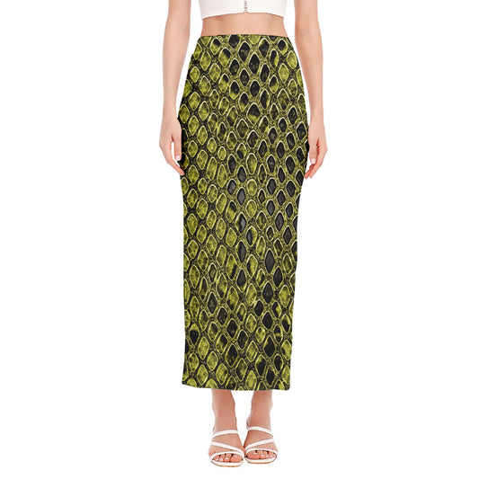 Lime Green And Black Snakeskin Print Side Slit Maxi Skirt