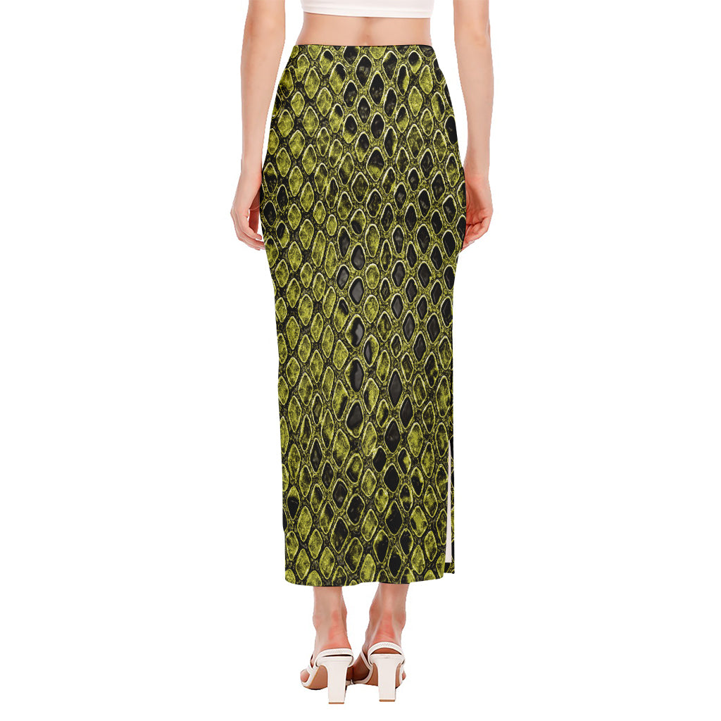 Lime Green And Black Snakeskin Print Side Slit Maxi Skirt