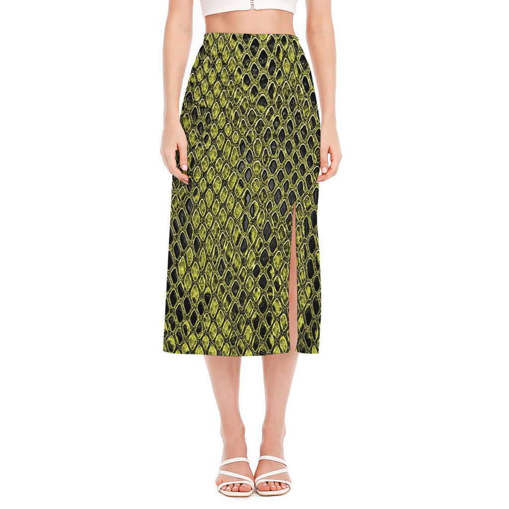 Lime Green And Black Snakeskin Print Side Slit Midi Skirt