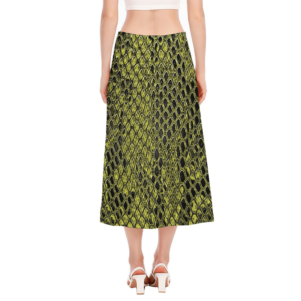Lime Green And Black Snakeskin Print Side Slit Midi Skirt