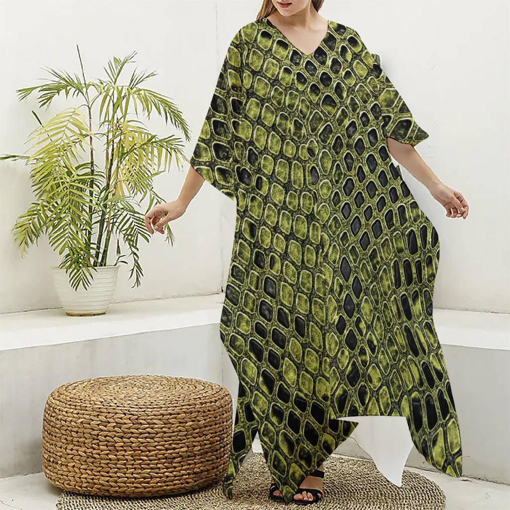 Lime Green And Black Snakeskin Print Silk V-Neck Kaftan Dress