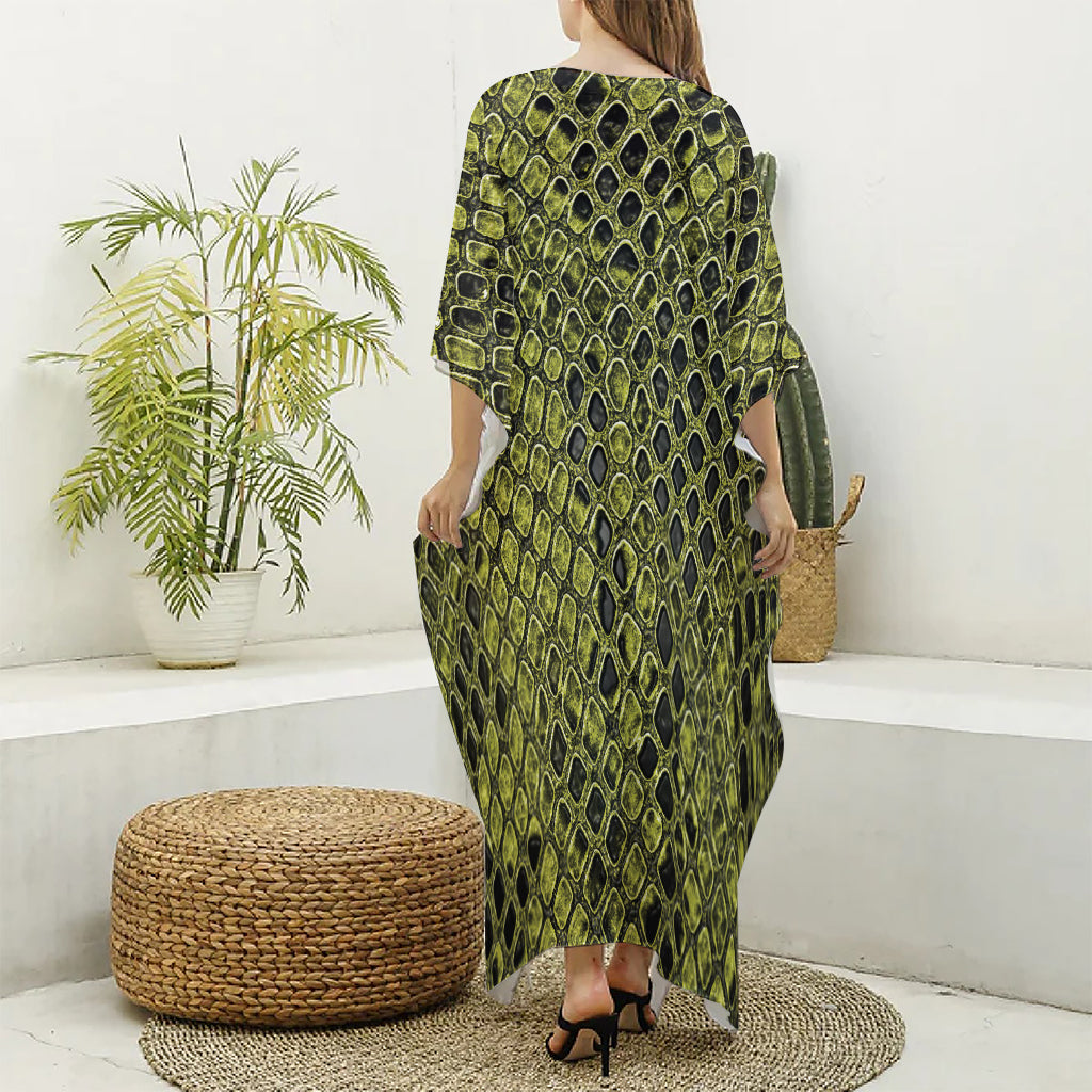 Lime Green And Black Snakeskin Print Silk V-Neck Kaftan Dress