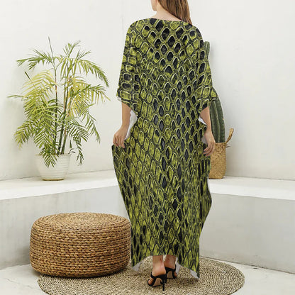 Lime Green And Black Snakeskin Print Silk V-Neck Kaftan Dress